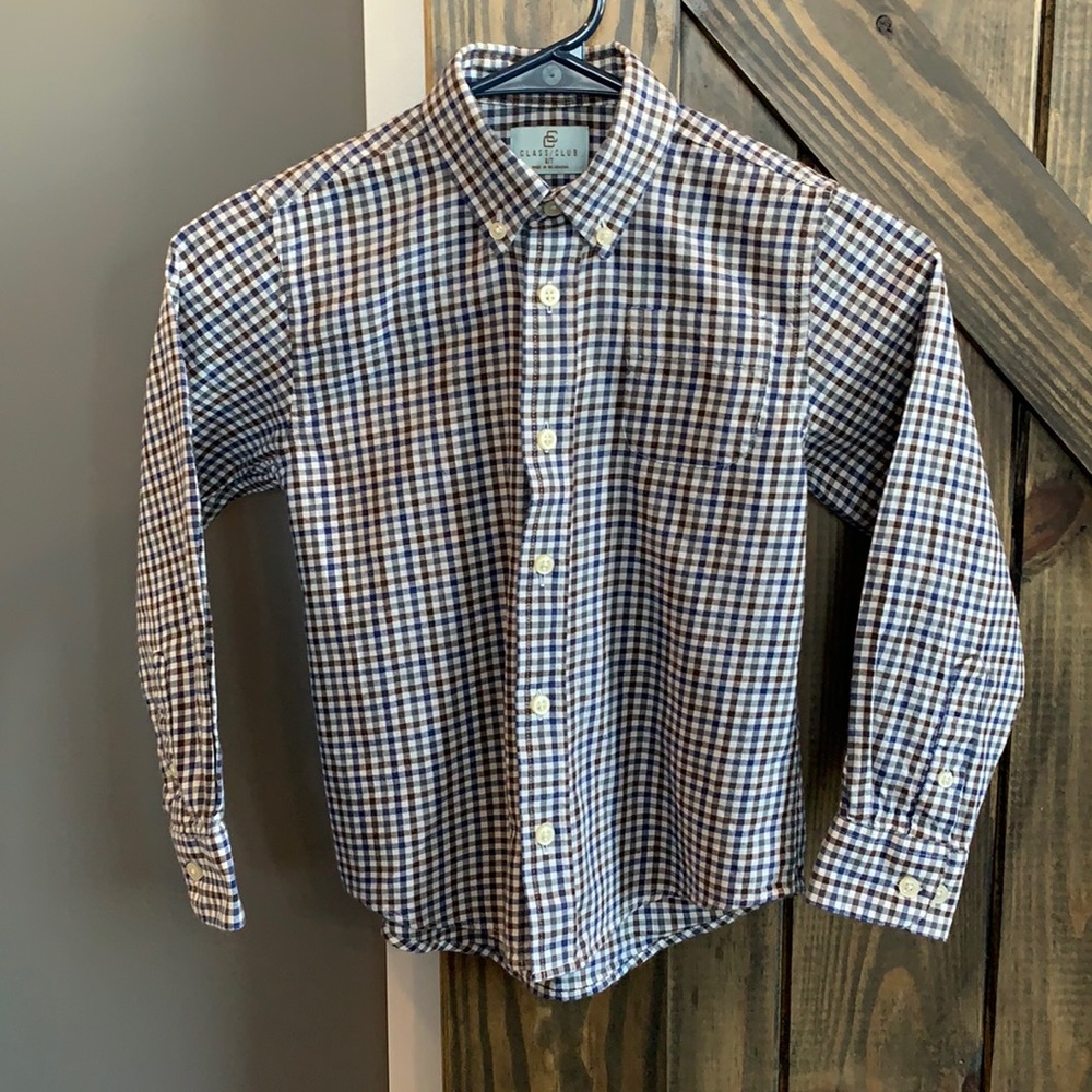 Boys button down shirt. Flannel navy, brown and white. Very gently used.
